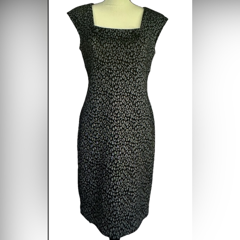 Calvin Klein Black Textured Leopard Print Sleeveless Square Neck Dress Size 10